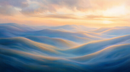 Serene landscape of rolling waves under a pastel sky at sunrise, evoking tranquility and peace