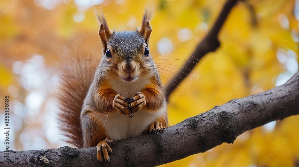 Poster Adorable squirrel sitting on a branch with a charming expression amidst autumn colors : Generative AI