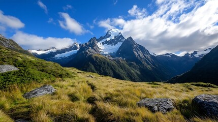 Fototapeta premium Majestic mountain range with towering peaks surrounded by lush green grassland and bright sky : Generative AI