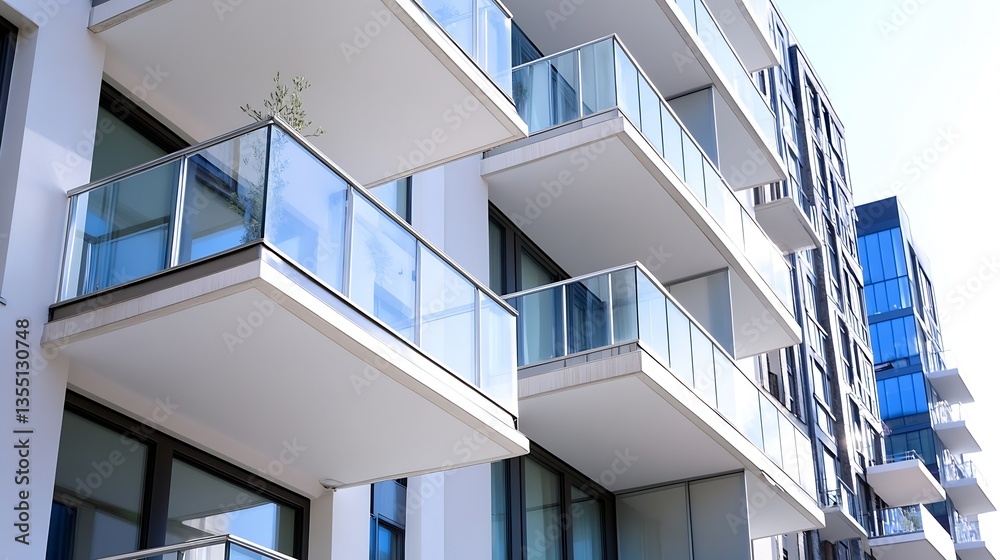 Poster clean white balcony design of a modern apartment building with large glass railings and sleek lines 