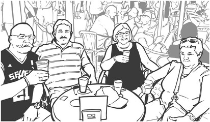 Black and white illustration of older couples sitting at table drinking and smiling