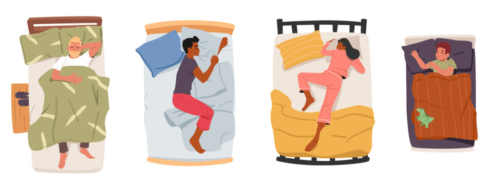 People sleeping in bed set with single adult man, young female and male characters, cute boy child