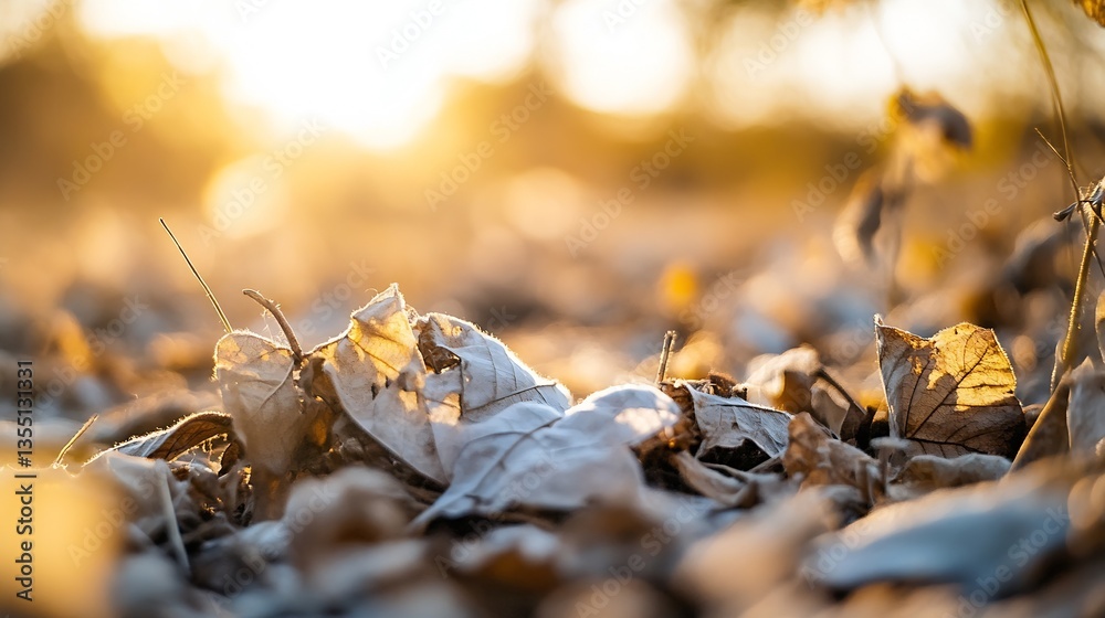 Aufkleber golden sunlit leaves on the ground creating a warm autumn atmosphere of nature and tranquility : gen
