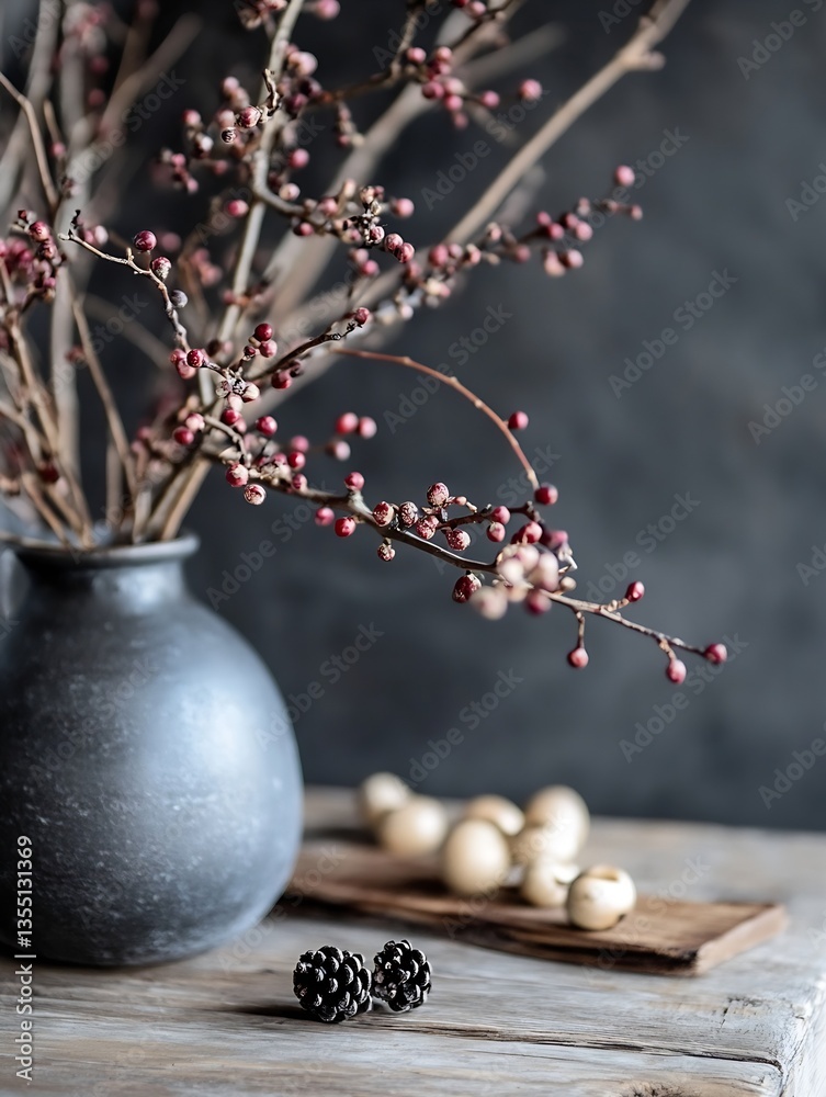 Aufkleber Stunning arrangement of branches with berries in a black vase on rustic wooden table : Generative AI