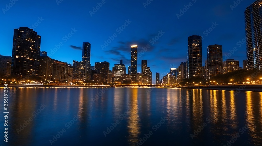 Poster vibrant city skyline at twilight reflecting on the calm waters with illuminated skyscrapers and gent