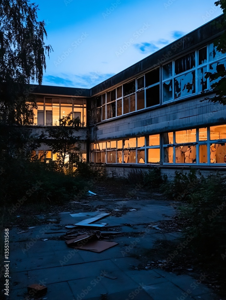 Poster an eerie view of an abandoned building at twilight with shattered windows and overgrown foliage : ge