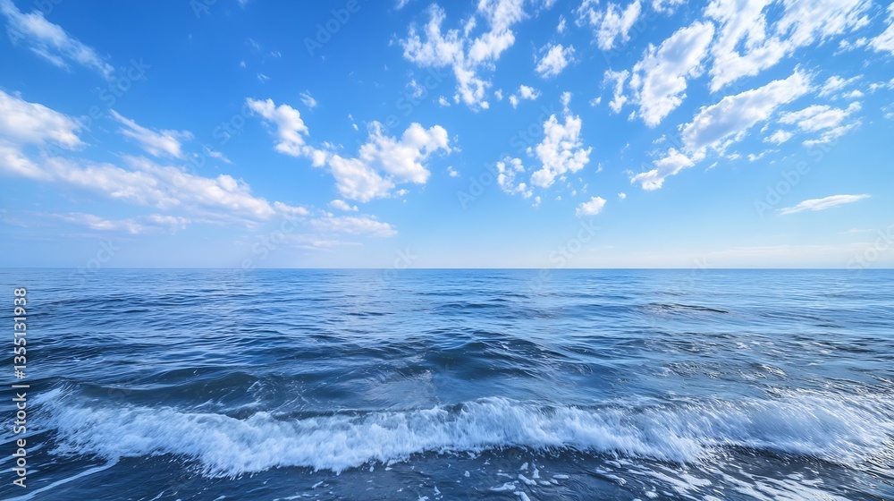 Poster Serene view of a calm ocean under a clear blue sky with fluffy clouds in the distance : Generative AI