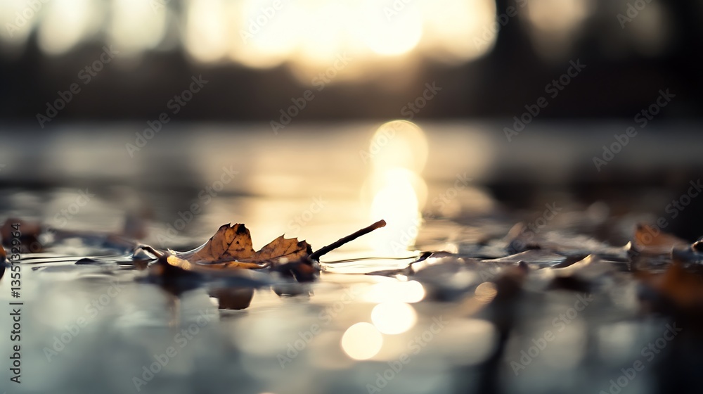 Aufkleber closeup view of fallen leaves floating on water glistening under the sunlight during autumn : genera