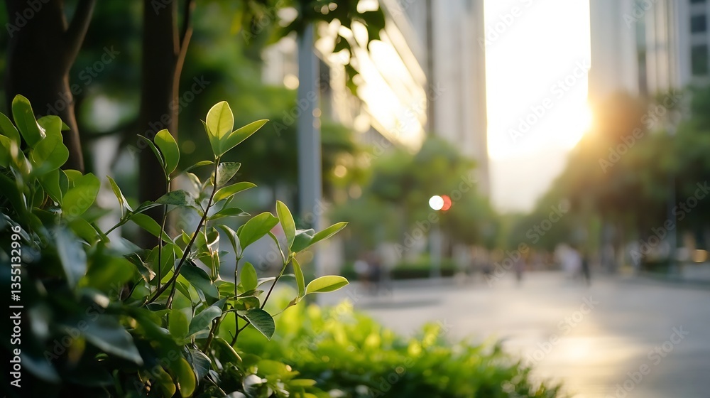 Poster Sunset illuminating vibrant green leaves in a modern urban environment creating a serene atmosphere : Generative AI