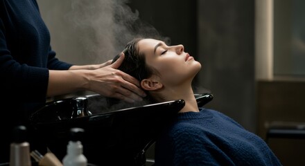A detailed image capturing the moment of hair care at a professional salon. The scene shows a person reclining with their head in a black washbasin as a stylist meticulously washes their hair with car