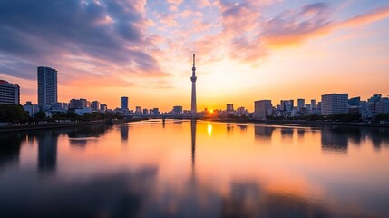 Beautiful Sunset Reflected in Calm Waters with City Skyline in Background : Generative AI