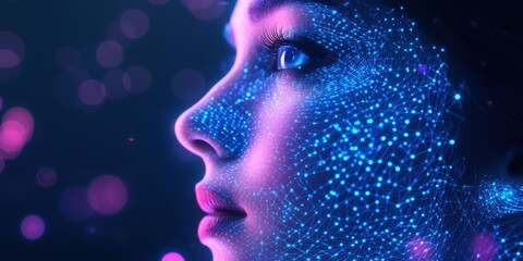 Obraz premium Digital Aura: A mesmerizing close-up portrait of a person, their face delicately veiled in a cascade of digital light, blurring the line between reality and the digital realm.