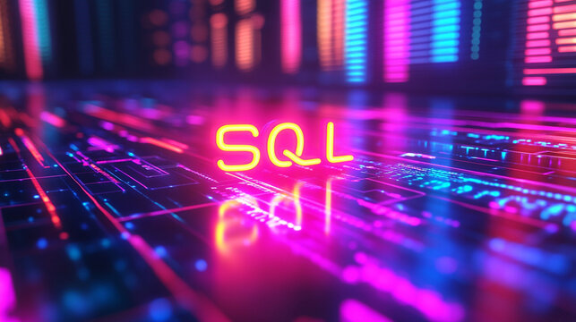 Neon SQL code glowing on a futuristic keyboard.
