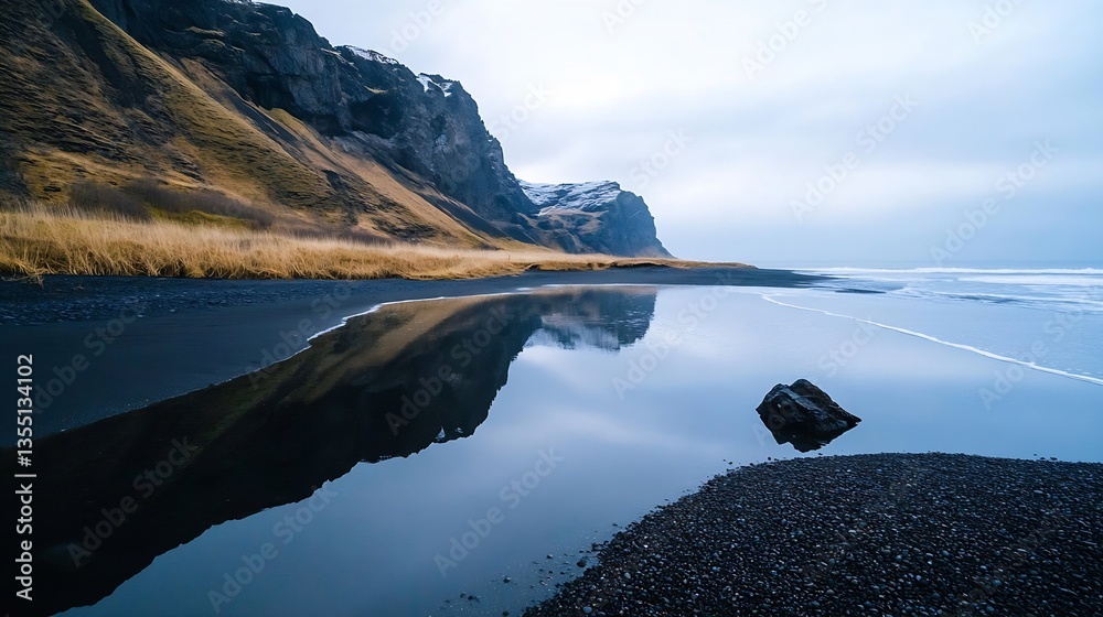 Poster scenic view of a serene beach landscape with cliffs and black sand reflecting calm waters under a cl