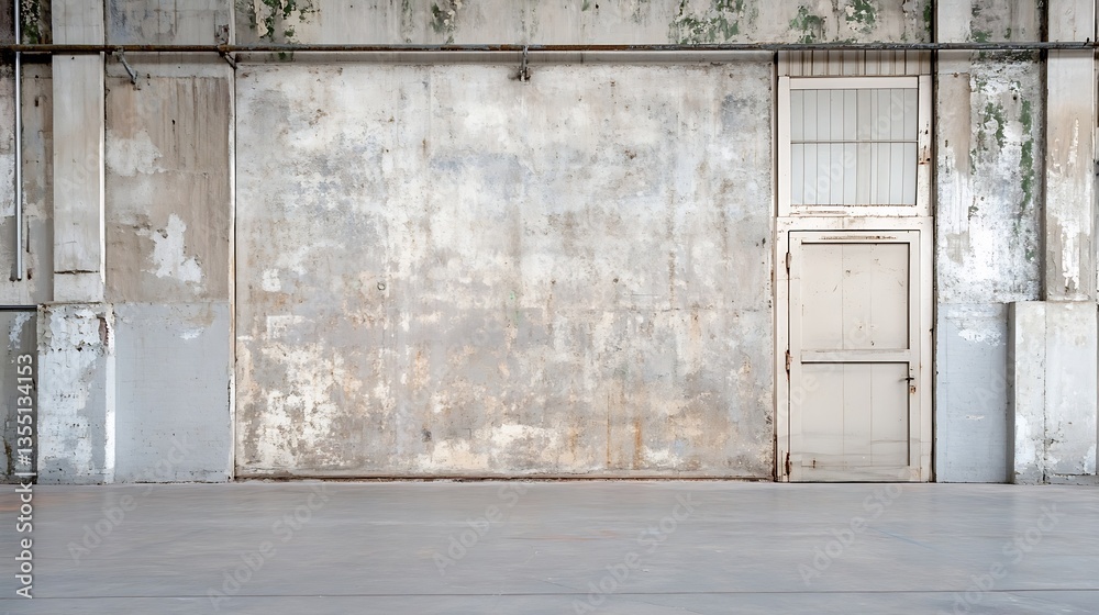 Aufkleber minimalistic industrial space with a weathered wall and a single door representing urban decay and p