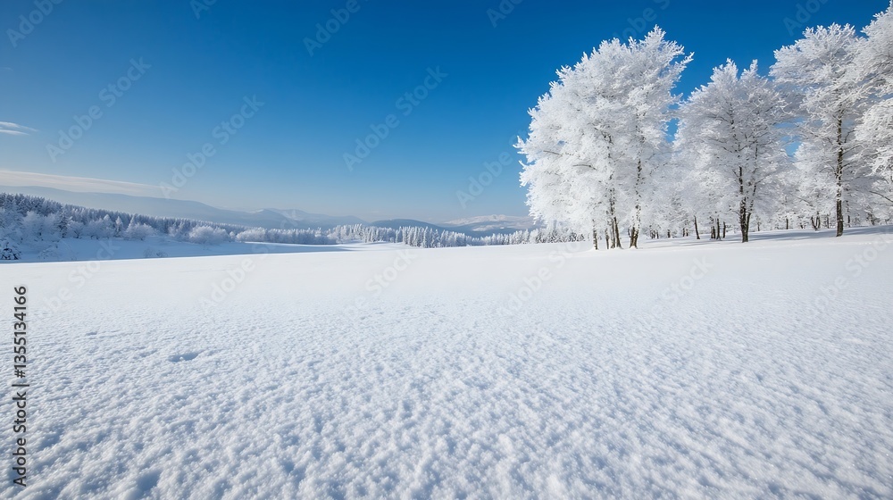 Poster winter wonderland showcasing snowcovered trees under a bright blue sky with fluffy clouds : generati