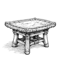 Rectangular Carved Wooden Table in Black and White Ink Drawing