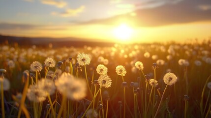 Naklejka premium Dandelion flowers in a golden field at sunset showcasing nature's beauty and tranquility : Generative AI