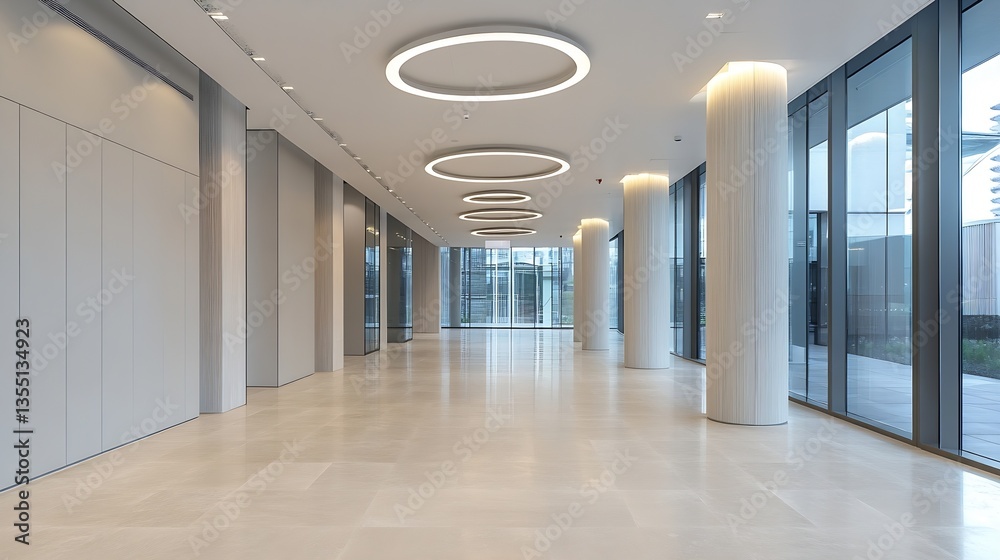 Poster spacious modern hallway with elegant lighting fixtures and large windows in a contemporary space : g