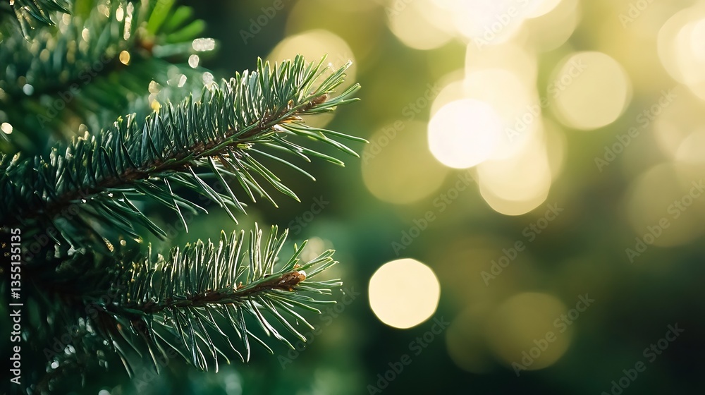 Aufkleber Close up of pine tree branches with soft bokeh effect in the background during sunset : Generative AI