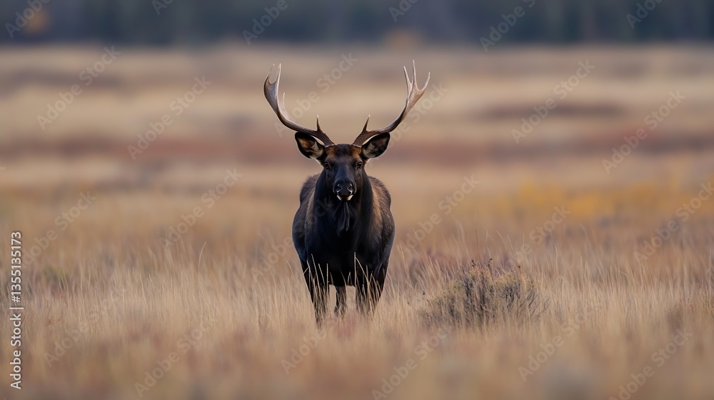 Poster majestic stag standing proudly in an open meadow surrounded by golden grass and autumn hues : genera