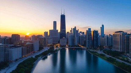 Obraz premium Vibrant sunset skyline over a bustling city waterfront with skyscrapers and modern architecture : Generative AI