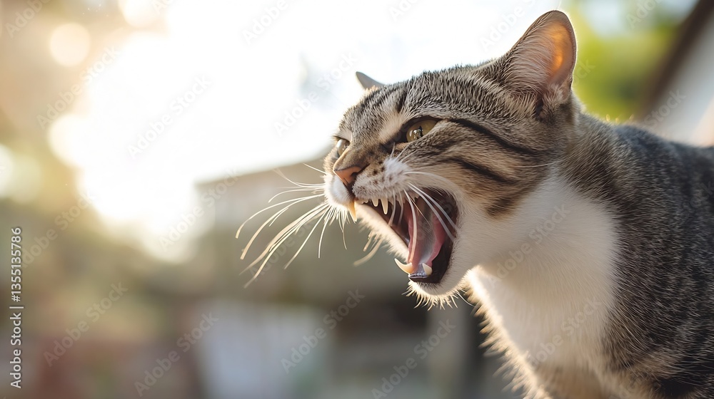 Poster A tabby cat with an intense expression and open mouth growling under natural sunlight in a serene outdoor setting : Generative AI