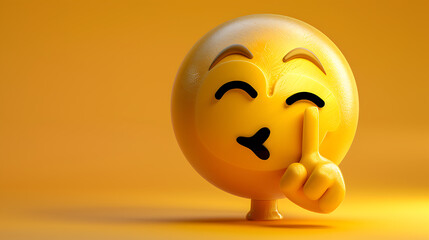 Fototapeta premium Top quality emoticon. Quiet emoji shh gesture, shush silent smiley cartoon shushing face, finger shut mouth. Yellow face emoji. 
