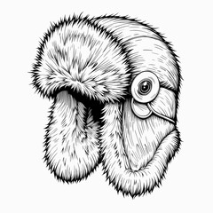 Furry Winter Ushanka Hat in Vintage Engraving Style in Monochrome for Cold Weather Fashion