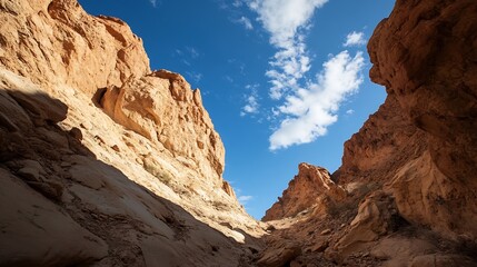 Obraz premium Majestic rocky canyon landscape under blue sky with fluffy clouds showcasing nature's beauty : Generative AI