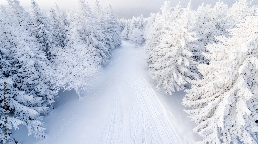 Aufkleber A breathtaking aerial view of a snowy forest landscape in winter showcasing pristine white trees and a serene path : Generative AI