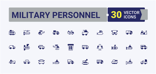 Military Personnel related icon set. It contains symbols to armed, force, defense, soldier and more. Military icon collection. Collection of simple line web icons. Pixel perfect. Editable vector.
