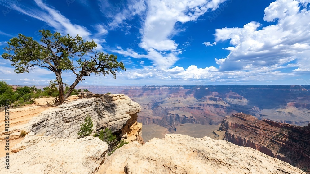 Poster breathtaking view of the grand canyon with a lone tree and dramatic clouds enhancing the scenery : g