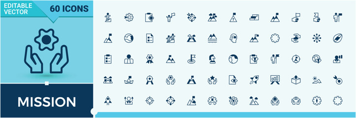 Mission icon set in linear style. Contains such icons as climb, achievement, goal, leadership, business and more. Thin line icons set. Company icon set. Solid line editable stroke.