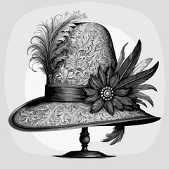 Ornate Wide-Brimmed Hat in Detailed Grayscale Drawing for Vintage Fashion Collection