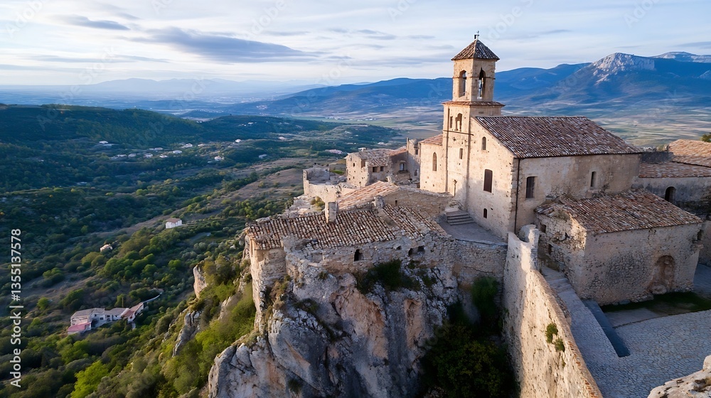 Aufkleber historical village with ancient architecture against dramatic mountainous backdrop : generative ai