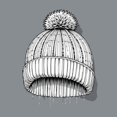 Knit Beanie with Pom-Pom in Detailed Illustration Style in Monochrome Representing Winter Warmth with Water Droplets