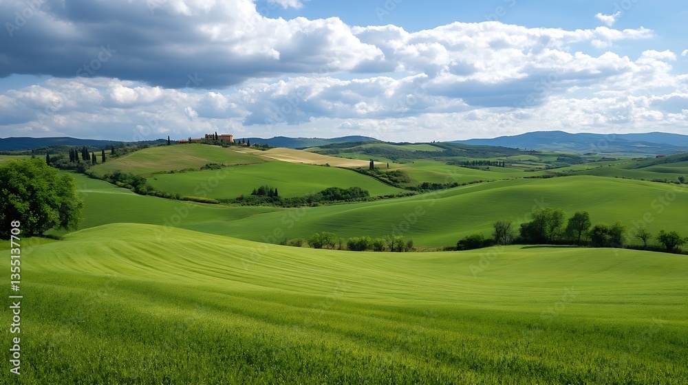 Poster breathtaking panoramic view of lush green rolling hills under a brilliant sky with scattered clouds 