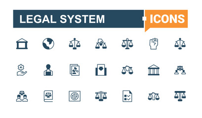 Set of Legal System line icon. Contains such icons as legal, lawyer, criminal, law, courthouse, judge, judgement. Justice icon collection. Pixel perfect. Solid line editable stroke.