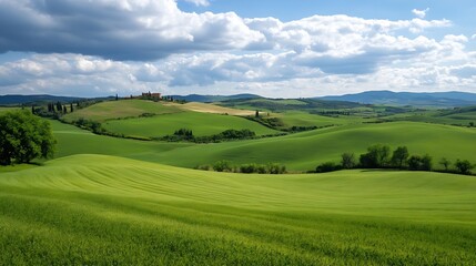 Fototapeta premium Breathtaking panoramic view of lush green rolling hills under a brilliant sky with scattered clouds : Generative AI
