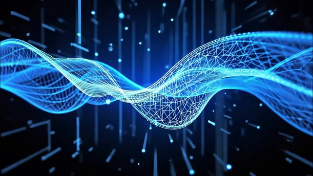 Futuristic blue digital waves with glowing highlights representing modern technology and AI. 