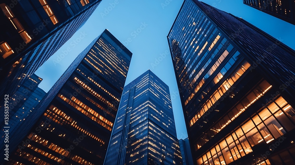 Poster Aerial view of tall skyscrapers in a city with illuminated windows against a twilight sky : Generative AI
