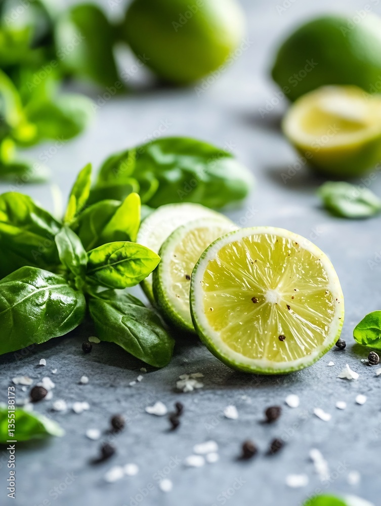 Aufkleber Vibrant lime slices served on a fresh green basil background with spices for a culinary delight : Generative AI