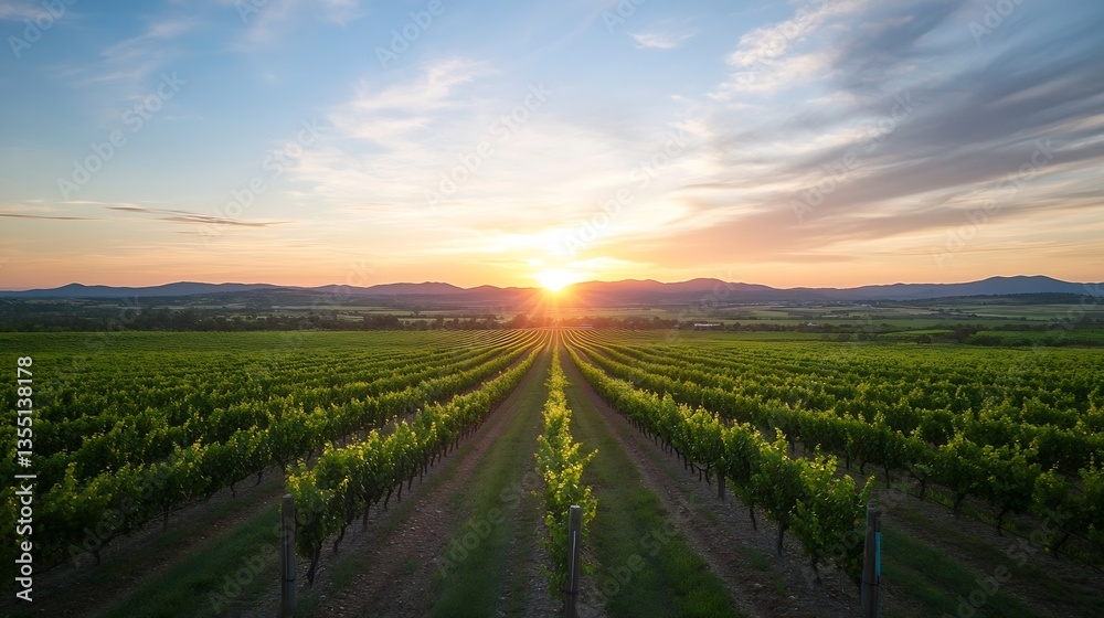 Poster Breathtaking view of a vineyard at sunset with rows of grapevines stretching across the landscape under a colorful sky : Generative AI