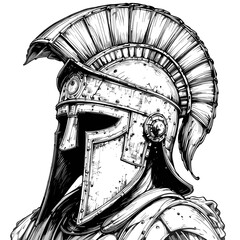 Roman Centurion Helmet in Meticulous Ink Drawing Style in Monochrome for Historical Military Representation