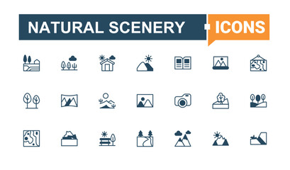 Natural Scenery simple icon. Pack of cape, mountain, building, garden, field, hill and more. Landscape icon set. Outline icons collection. Signs for web and mobile app.