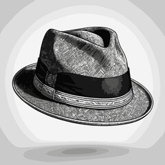 Vintage Fedora Hat Blueprint Drawing in Black and White for Fashion Design