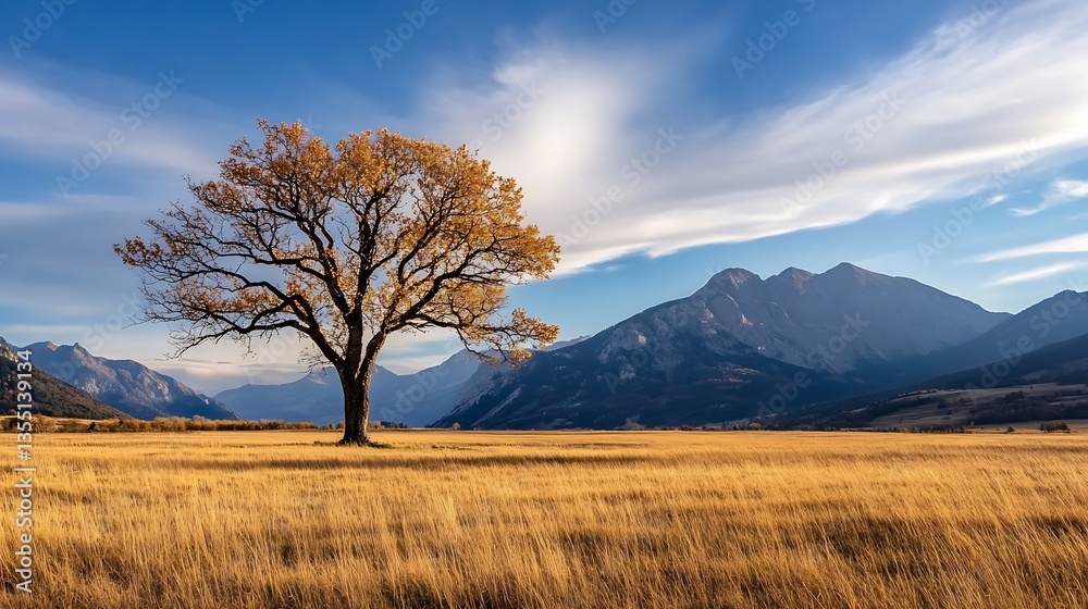 Poster majestic tree standing alone in a vast golden field with mountains in the backdrop : generative ai