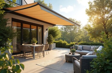 Sunny terrace with retractable awning stylish outdoor furniture, plants. Modern cozy patio with sunshade, comfortable sofas, wicker chairs. Relaxation area in home garden, hosting family or friends.