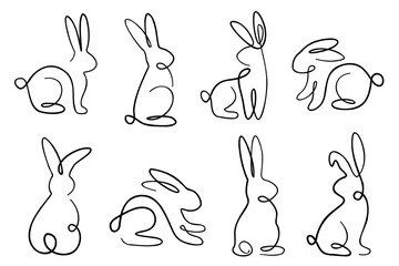 Single line bunnies. Collection of continuous line drawn rabbits. Cute adorable line art bunnies sketches with black thin line.